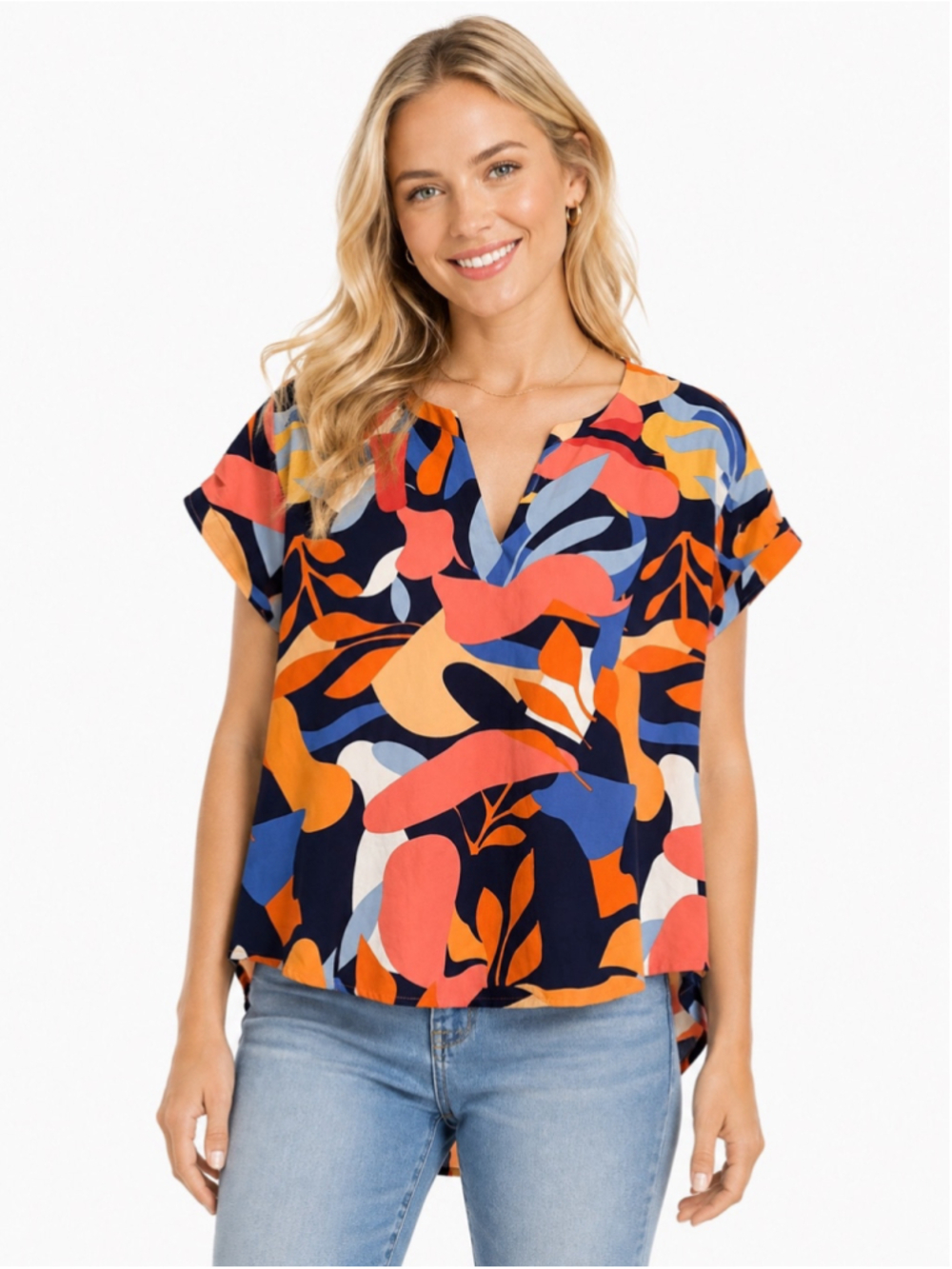 Umgee Blouse Size M Multicolor Abstract Print Short Sleeve Top